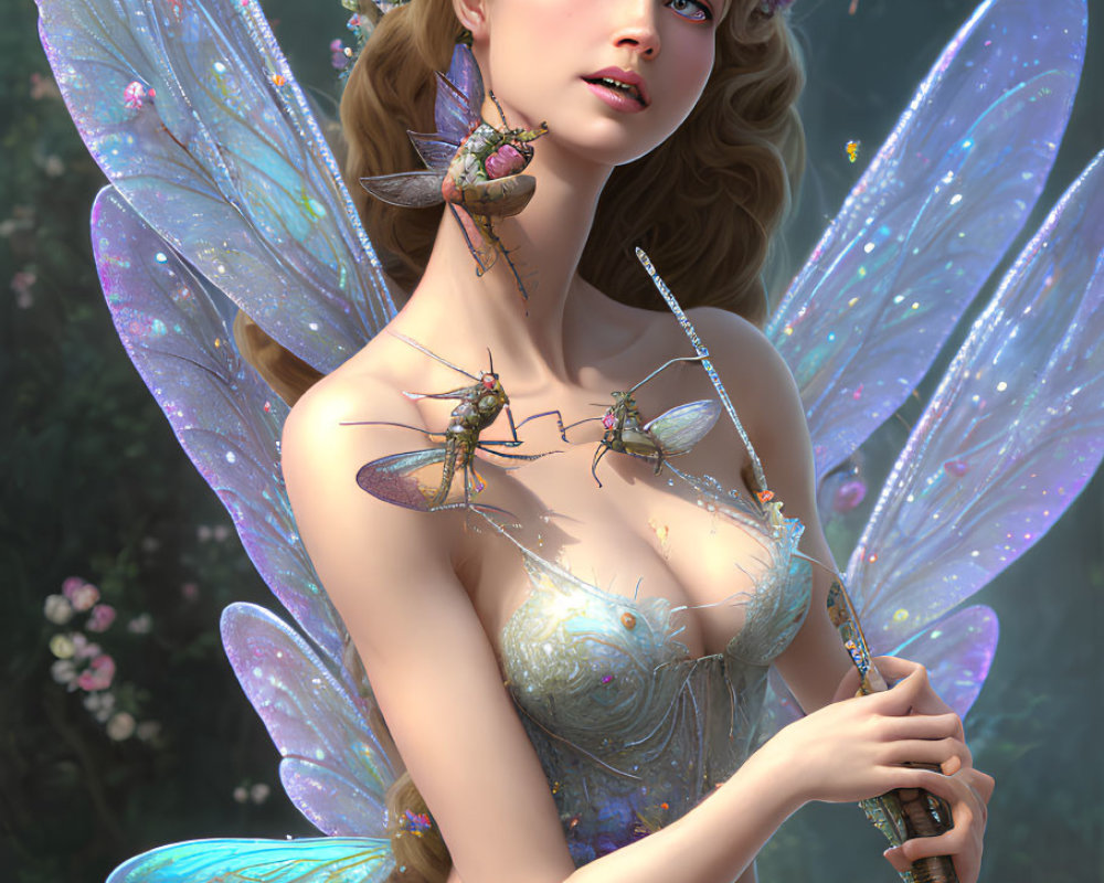 Ethereal fairy with iridescent wings and magical staff surrounded by flowers