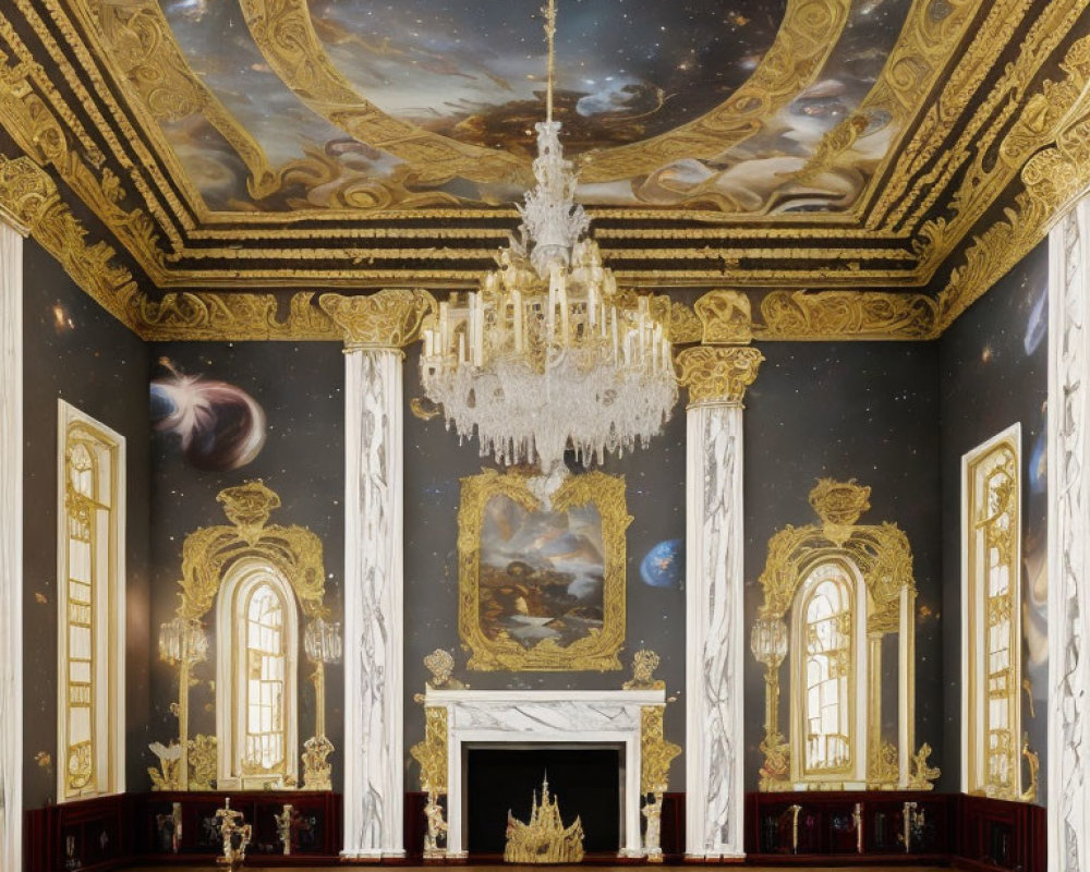 Luxurious Room with Celestial Ceiling Murals and Grand Chandelier