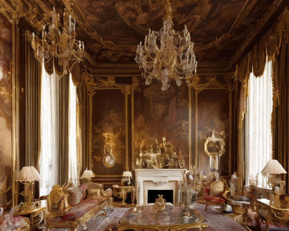 Luxurious Baroque-style Room with Gilded Details and Grand Chandeliers