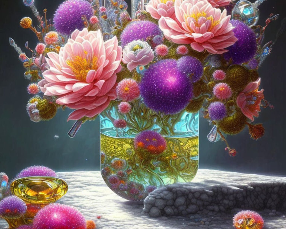 Colorful bouquet with pink flowers and spherical objects in glass vase on floating rock.