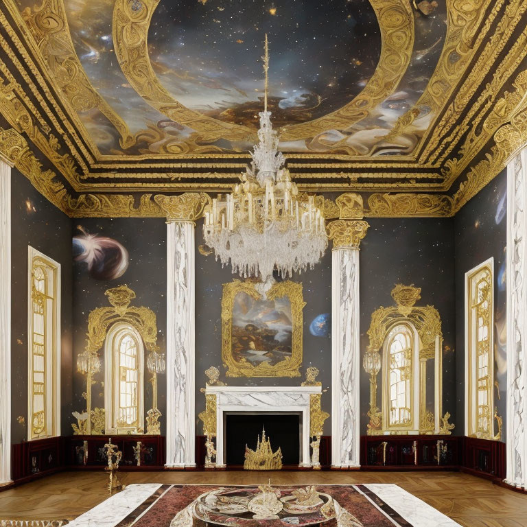 Luxurious Room with Celestial Ceiling Murals and Grand Chandelier