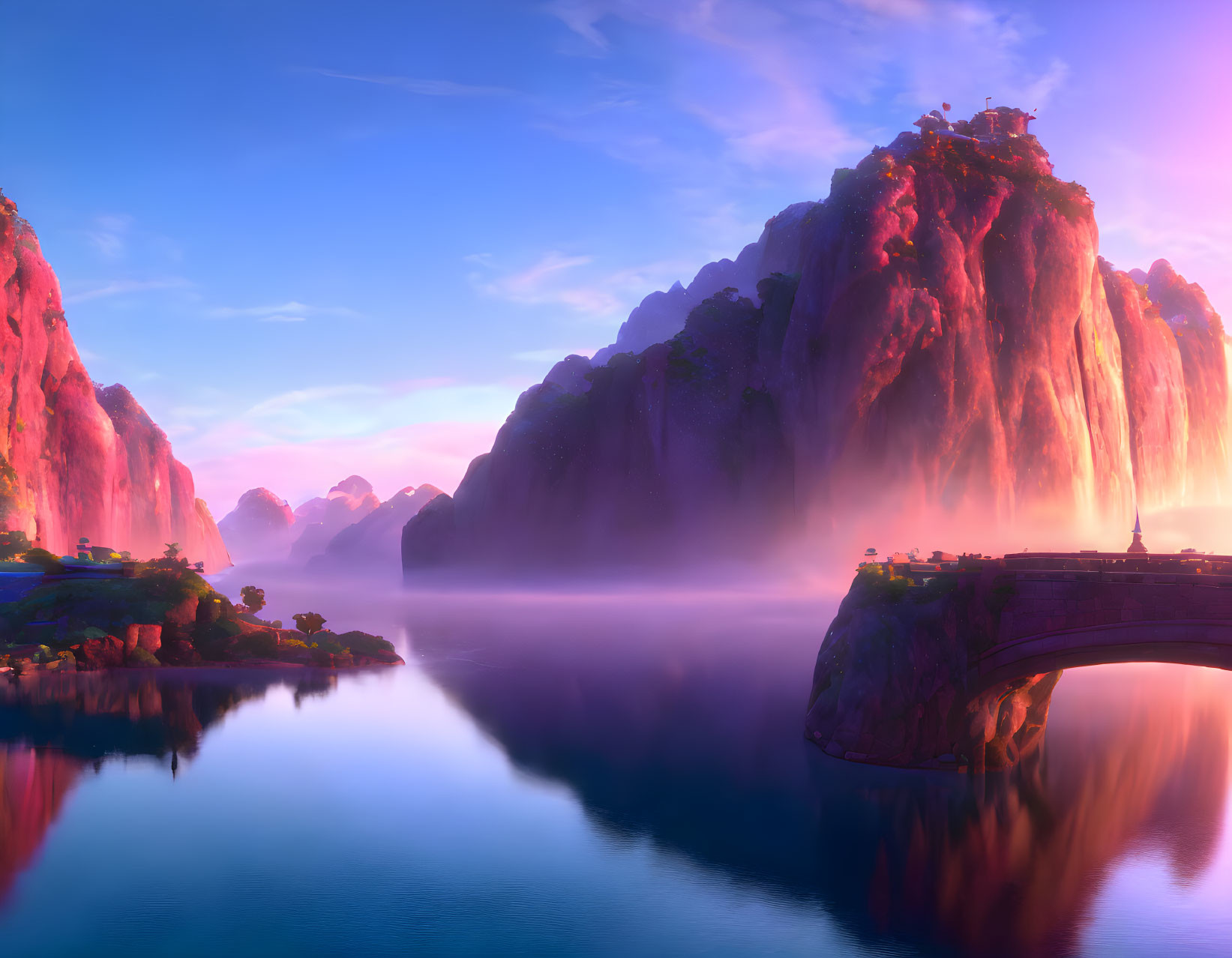 Tranquil fantasy landscape at sunrise with vibrant pink and purple hues, waterfalls, stone bridge,