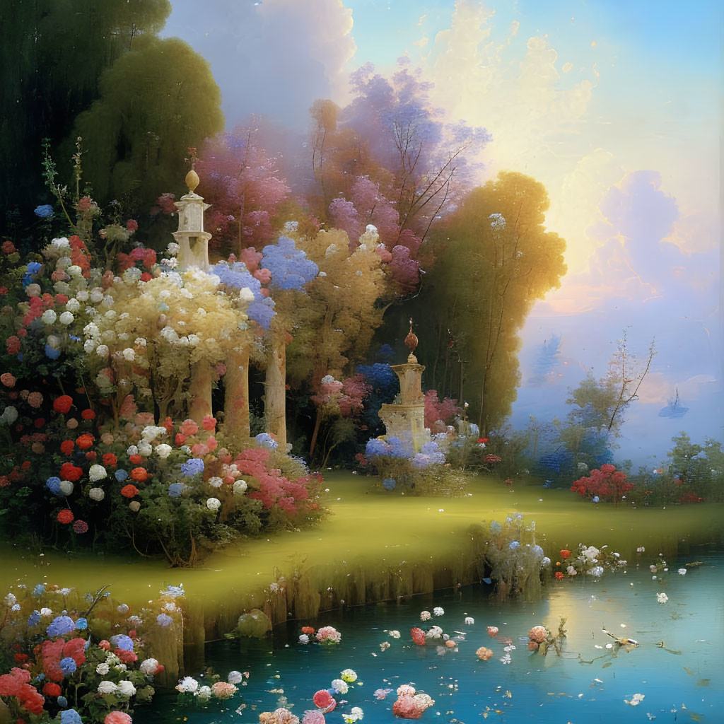 Tranquil Pond with Flowering Bushes in Serene Landscape