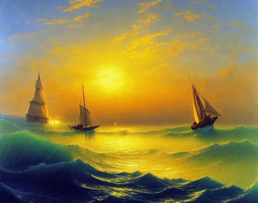 Sailboats on choppy seas at sunset with golden glow