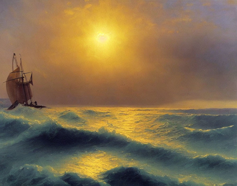 Sailboat navigating choppy seas at golden sunset