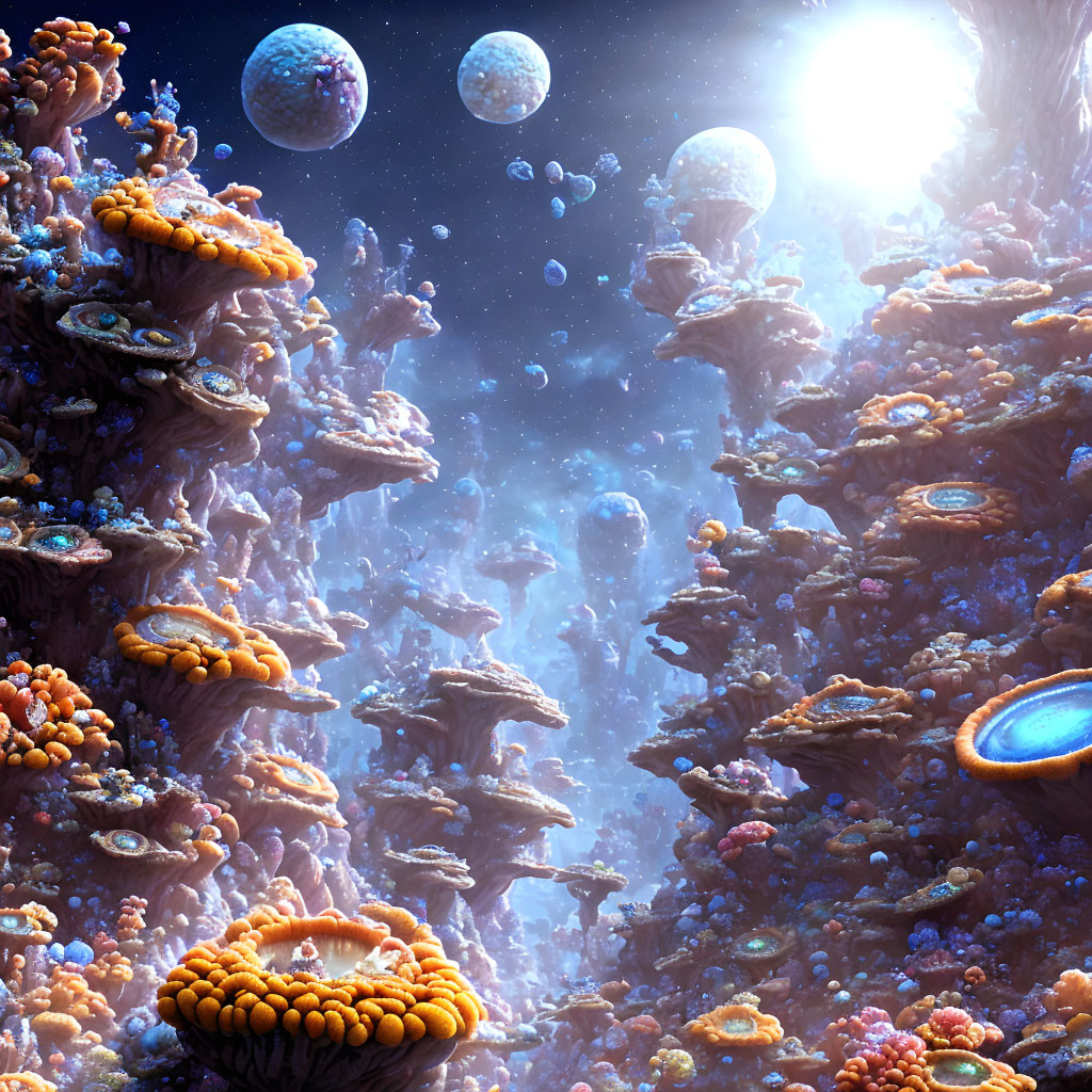 Colorful coral formations and celestial sky with multiple moons and stars.