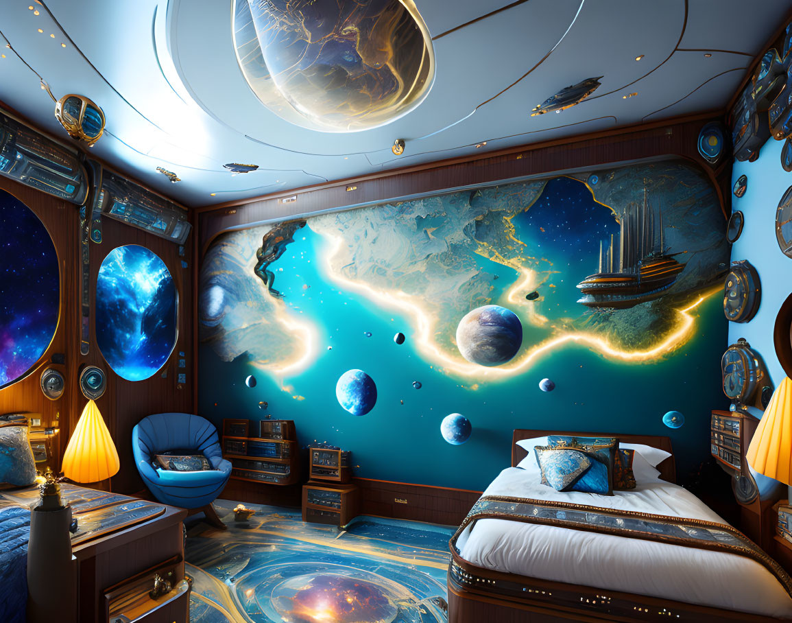 Space-Themed Bedroom with Cosmic Mural and Celestial Decor