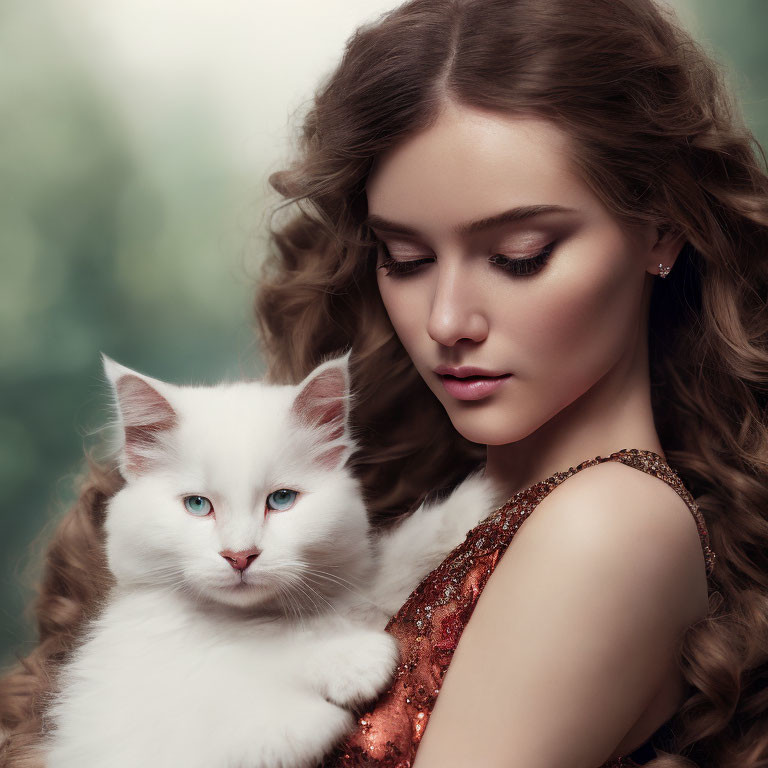 Curly Brown-Haired Woman Holding White Cat with Blue Eyes