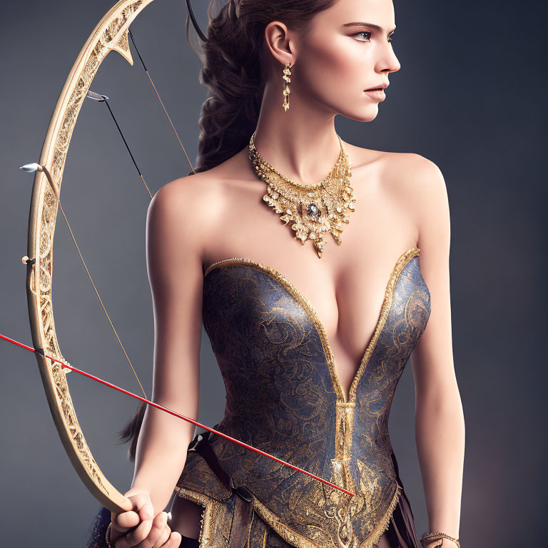 Elegant woman with golden bow and arrow, ornate jewelry, and corset