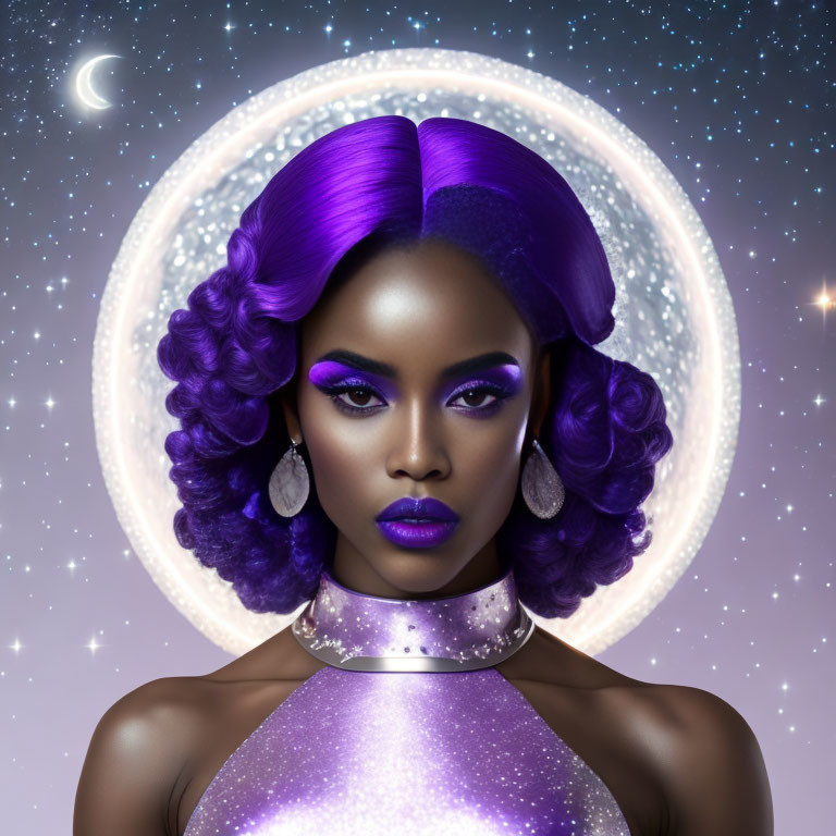 Digital Artwork: Woman with Purple Hair in Cosmic Setting