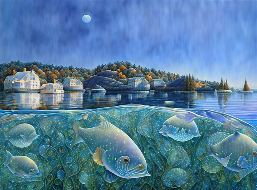 Surreal artwork: Oversized fish in moonlit ocean village