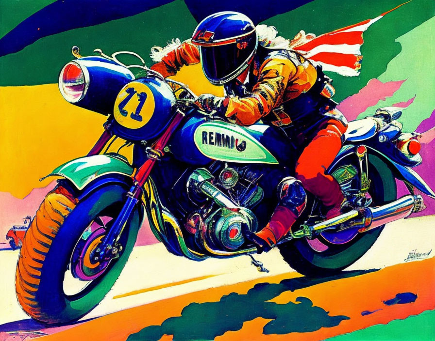 Colorful Motorcyclist Illustration Riding Blue Motorcycle with Number 71