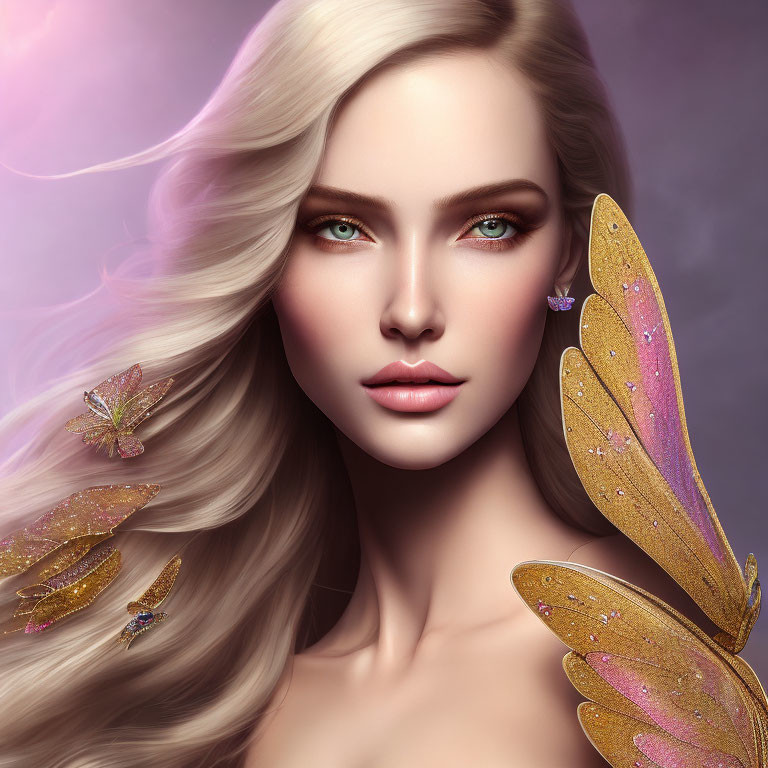 Digital artwork of woman with blonde hair, green eyes, and butterfly accessories