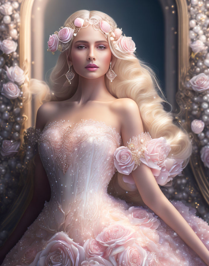 Blonde Woman in Floral Crown and Sheer Gown with Mirror and Roses