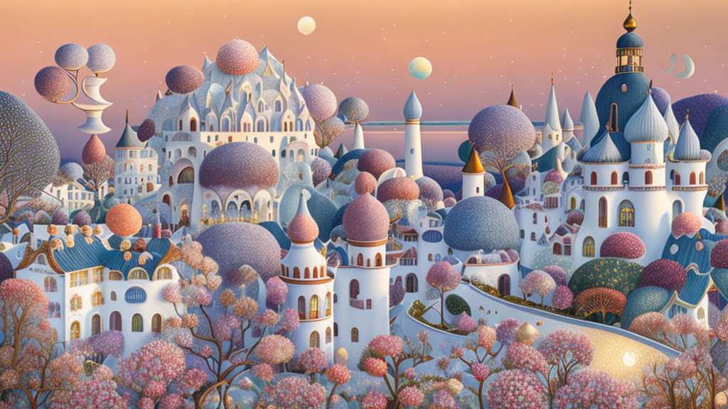 Fantasy landscape with round-topped buildings and floating orbs