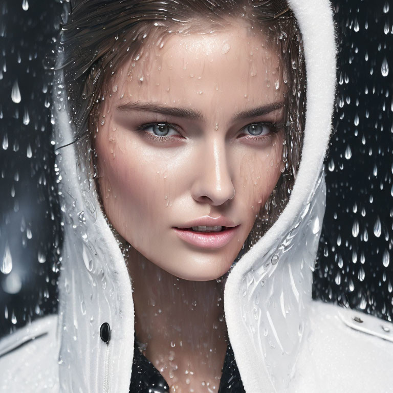 Person with Light Skin and Blue Eyes in White Hooded Jacket with Water Droplets