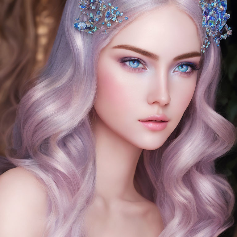 Portrait of Woman with Pastel Purple Hair and Blue Eyes adorned with Bejeweled Hair Accessories