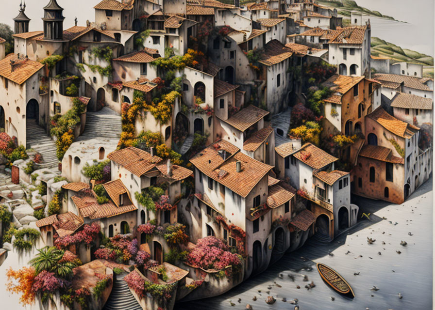 Surreal terraced village with overgrown plants and boat on calm river