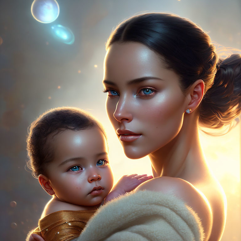 Portrait of woman and baby with striking blue eyes in warm celestial glow