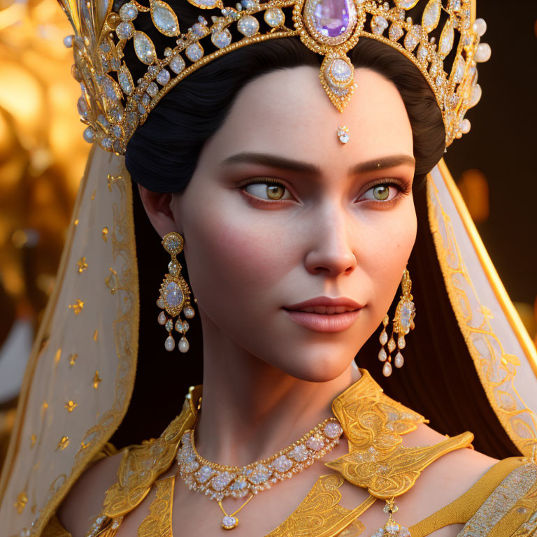 Regal Woman Portrait with Jeweled Crown and Gold Necklaces
