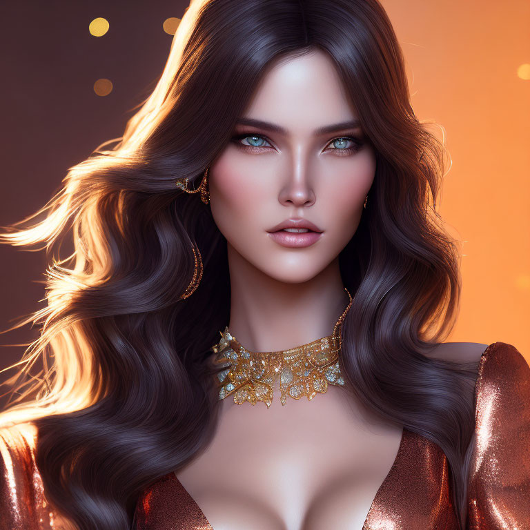 Digital Art Portrait of Woman with Brown Hair, Blue Eyes, Gold Jewelry, Copper Dress