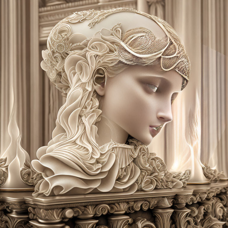 Classical Female Bust 3D Rendering with Floral and Filigree Details