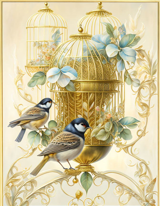 Birds perched near golden birdcage in floral setting on cream background
