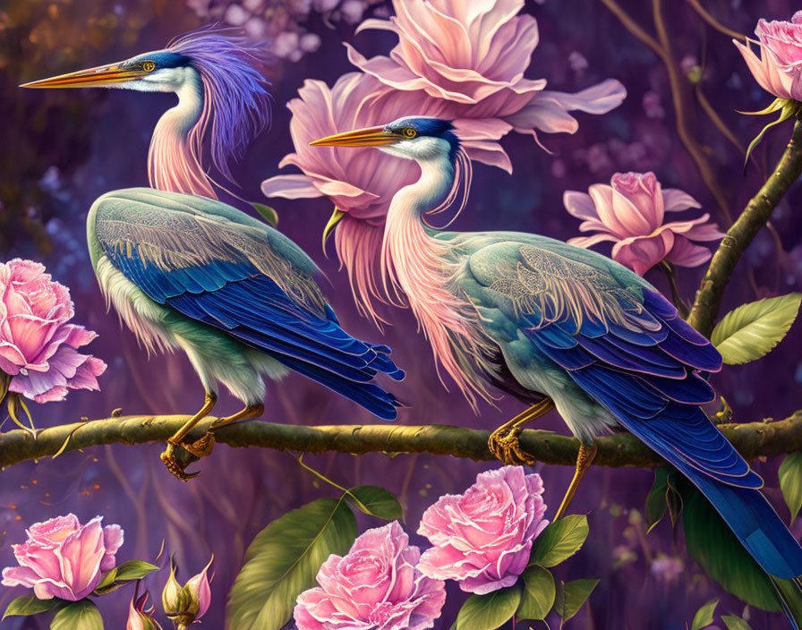 Colorful herons in pink blossoms and purple backdrop.
