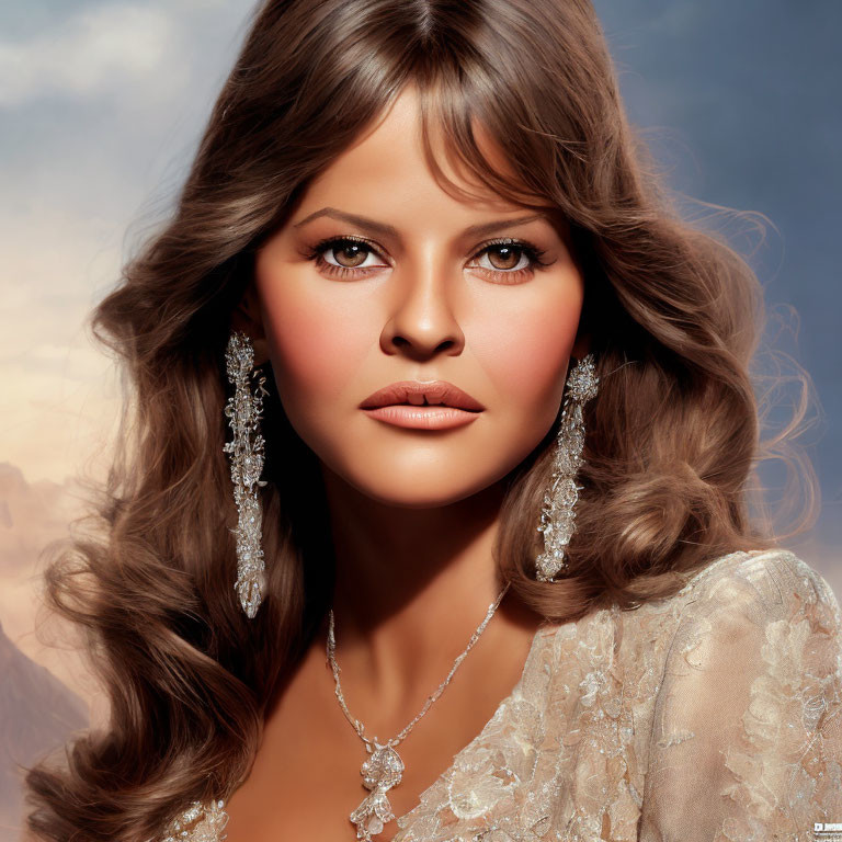Woman with Voluminous Hair and Striking Makeup in Sparkling Earrings and Necklace