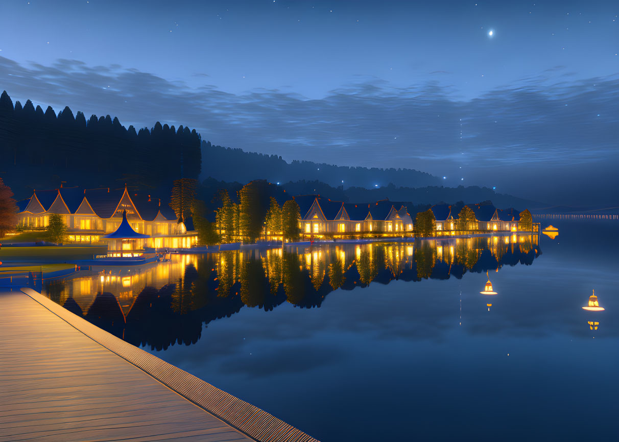 Starry Sky Reflecting on Water with Lakeside Houses and Pier