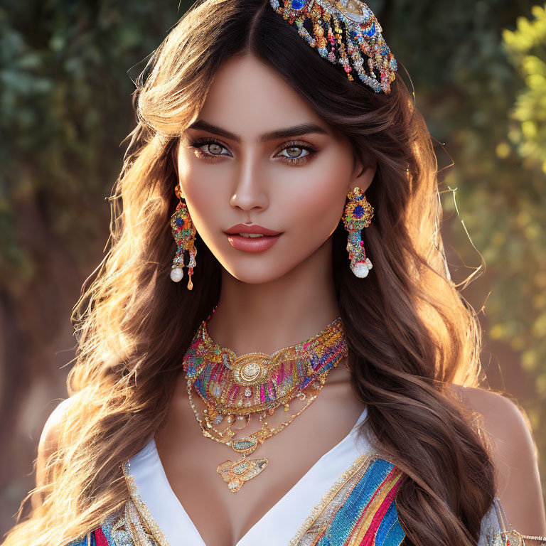 Elaborately adorned woman with bejeweled headpiece and jewelry.