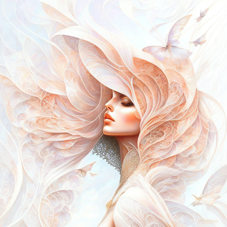 Fantasy illustration: Woman with ornate hair, feathers, and butterflies on creamy backdrop
