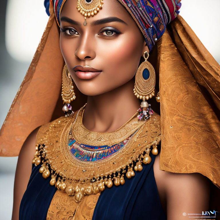 Portrait of woman with gold jewelry and colorful headscarf, intense gaze and makeup against muted backdrop