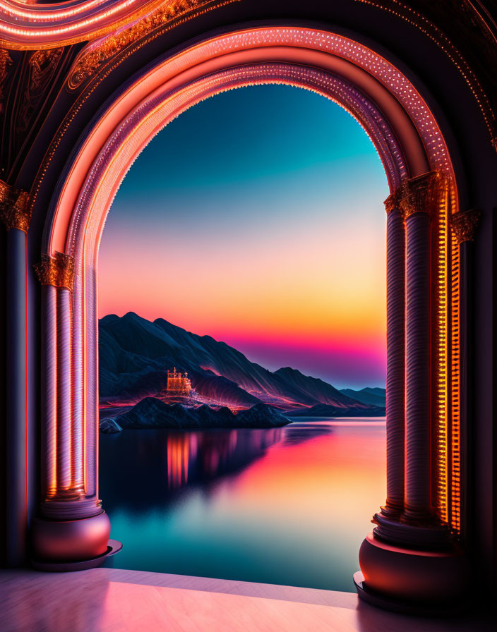 Elaborate Archway Frames Serene Lake & Mountain Sunset