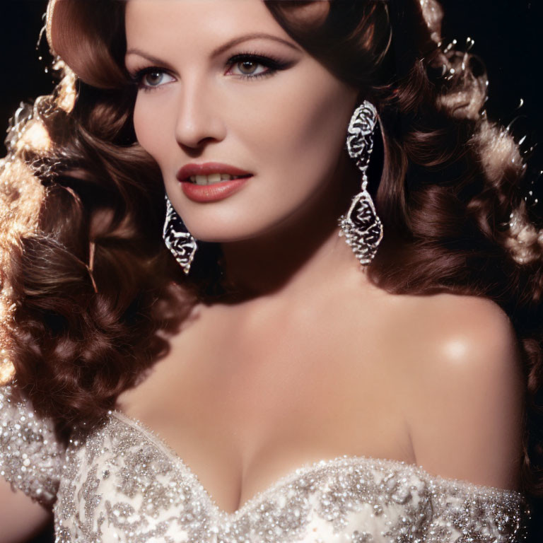 Brunette woman in off-the-shoulder gown and teardrop earrings radiates classic glamour