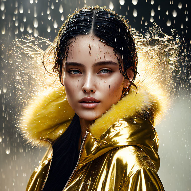 Woman in Golden Jacket with Wet Hair in Rainy Scene