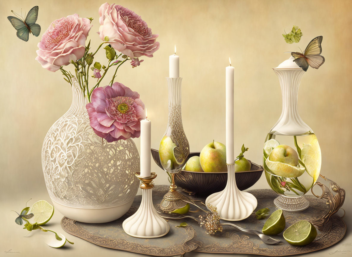 White floral-patterned vase, pink flowers, candles, pears, limes, butterflies, and
