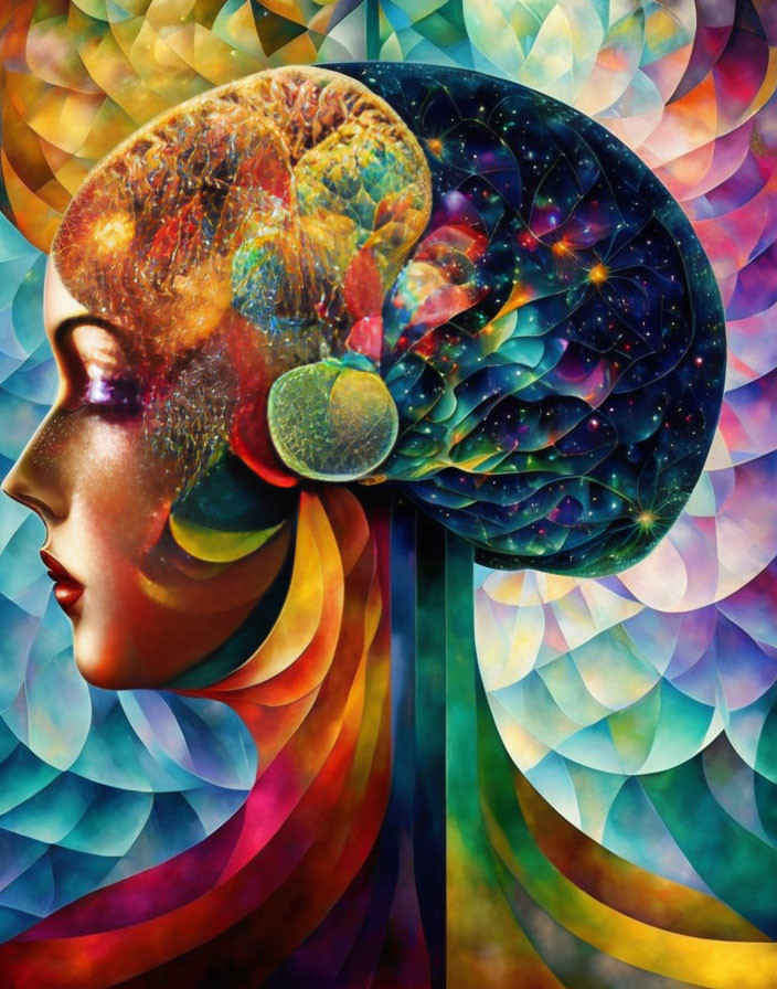 Vibrant woman's profile with cosmic-themed brain artwork