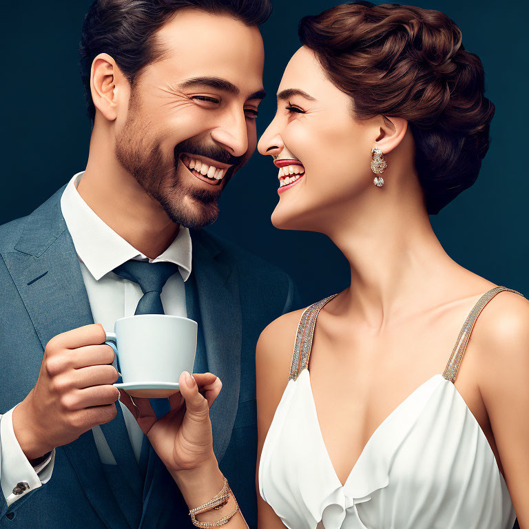 Man in blue suit smiles at woman in white dress, both laughing joyfully