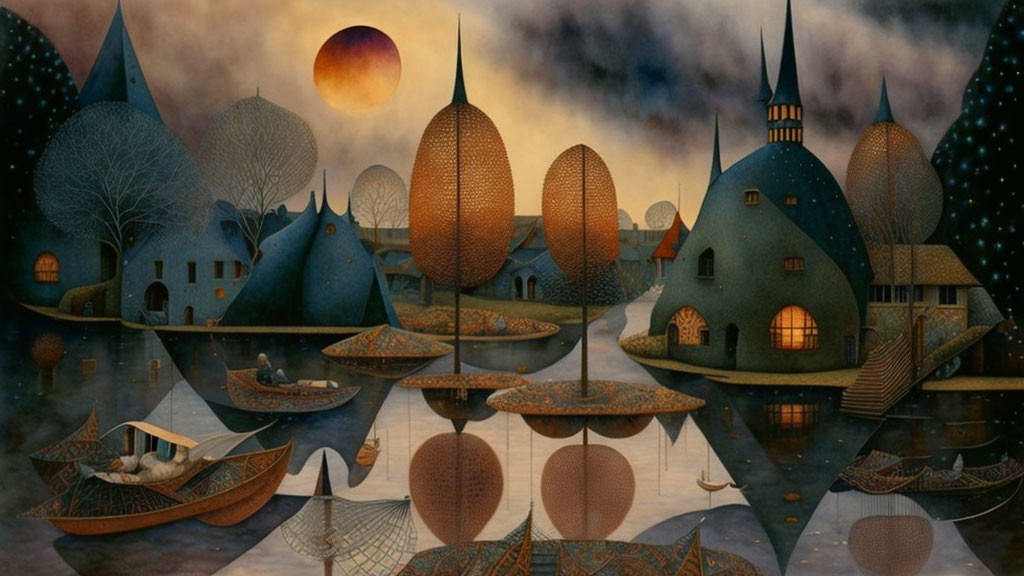 Stylized domed houses and floating boats in a fantastical nocturnal landscape