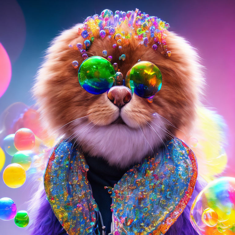 Colorful Cat in Sparkling Outfit and Sunglasses Surrounded by Bubbles on Gradient Background