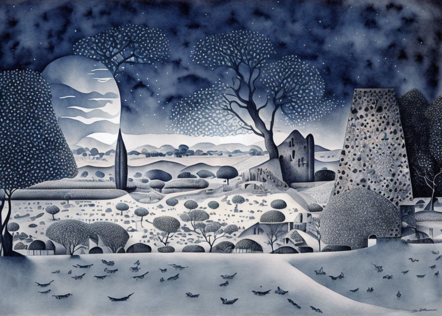 Monochromatic blue nocturnal landscape with whimsical elements