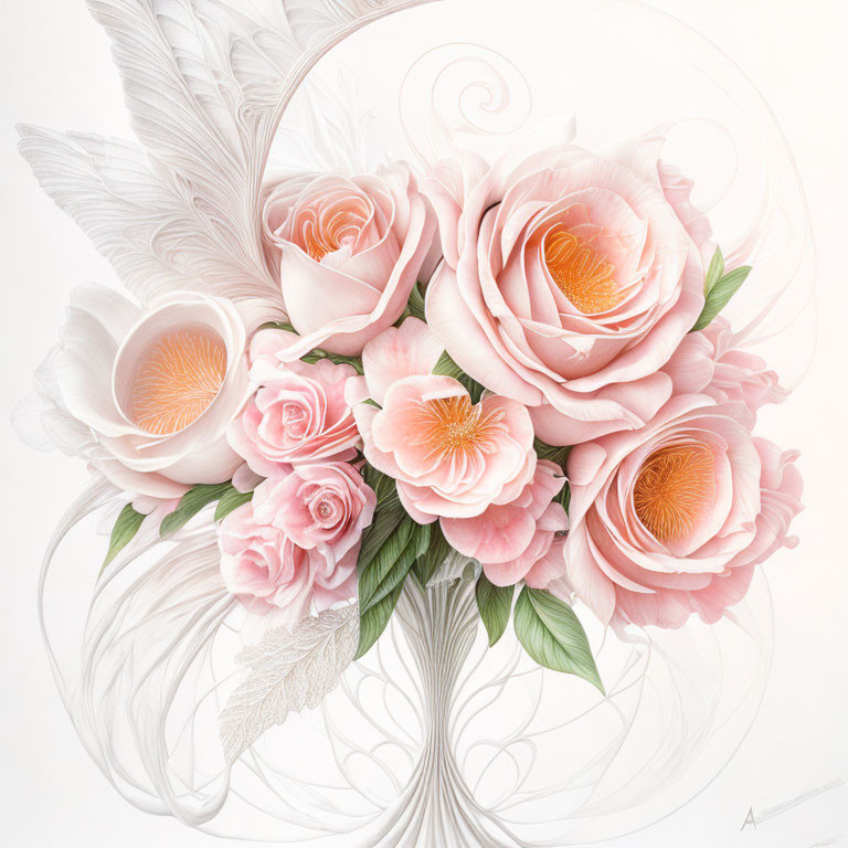 Delicate pink roses with white feathers on pale background
