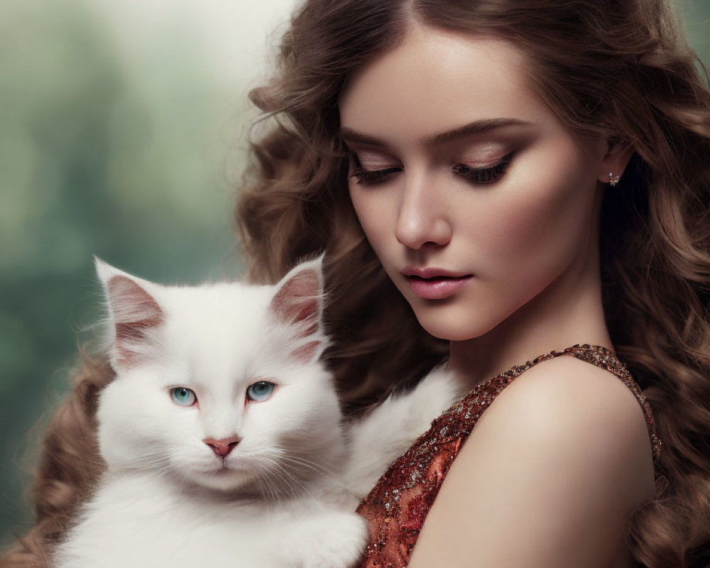 Curly Brown-Haired Woman Holding White Cat with Blue Eyes