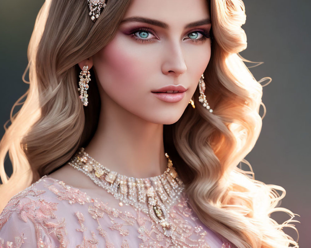 Woman with Blue Eyes and Long Wavy Blonde Hair in Shimmering Pink Makeup
