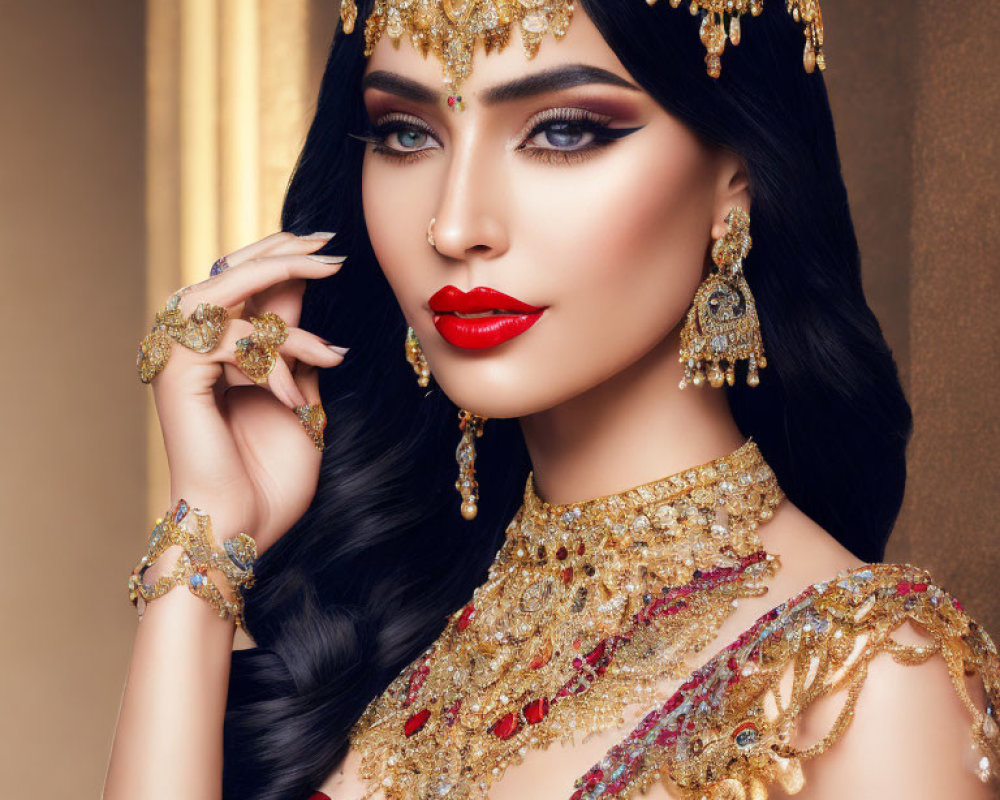 Woman in dramatic makeup with golden head jewelry, earrings, and hand accessories in traditional attire.