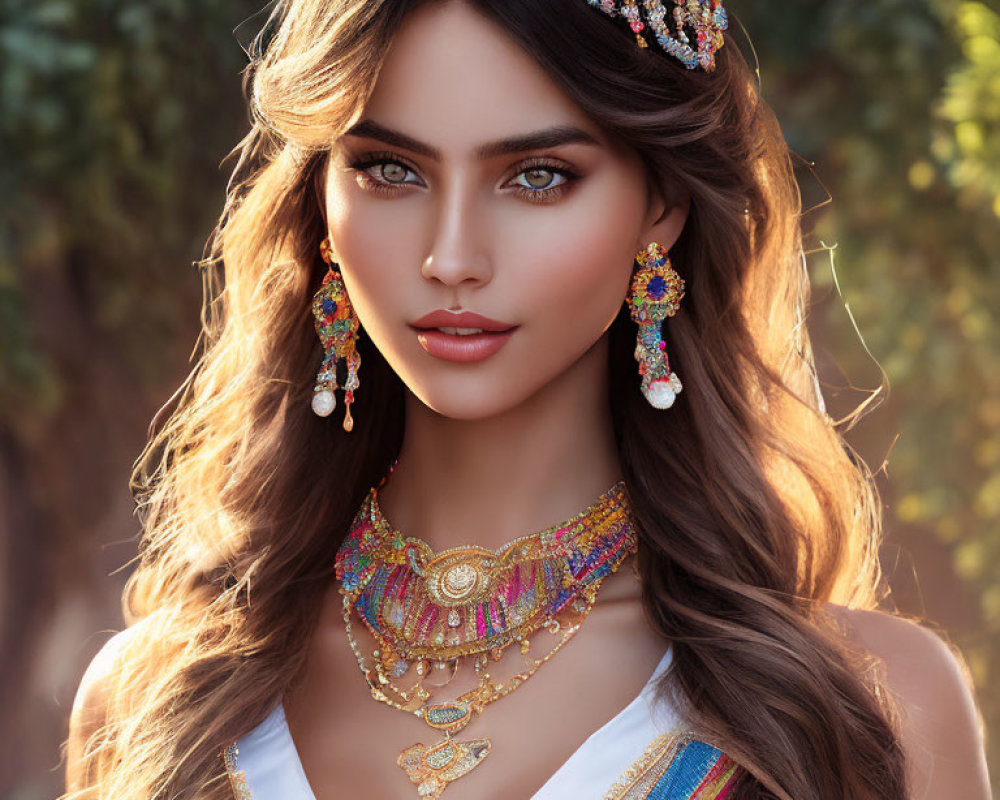Elaborately adorned woman with bejeweled headpiece and jewelry.