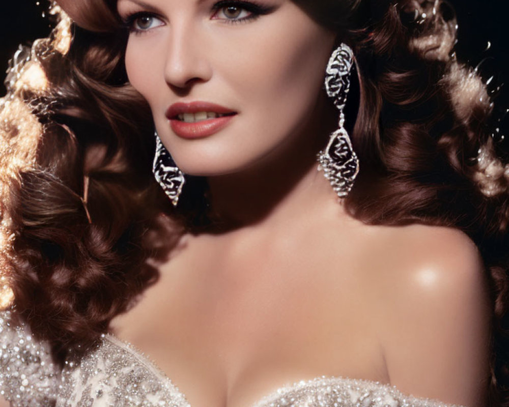 Brunette woman in off-the-shoulder gown and teardrop earrings radiates classic glamour