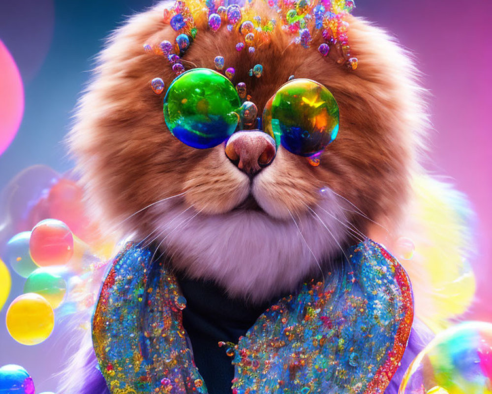 Colorful Cat in Sparkling Outfit and Sunglasses Surrounded by Bubbles on Gradient Background