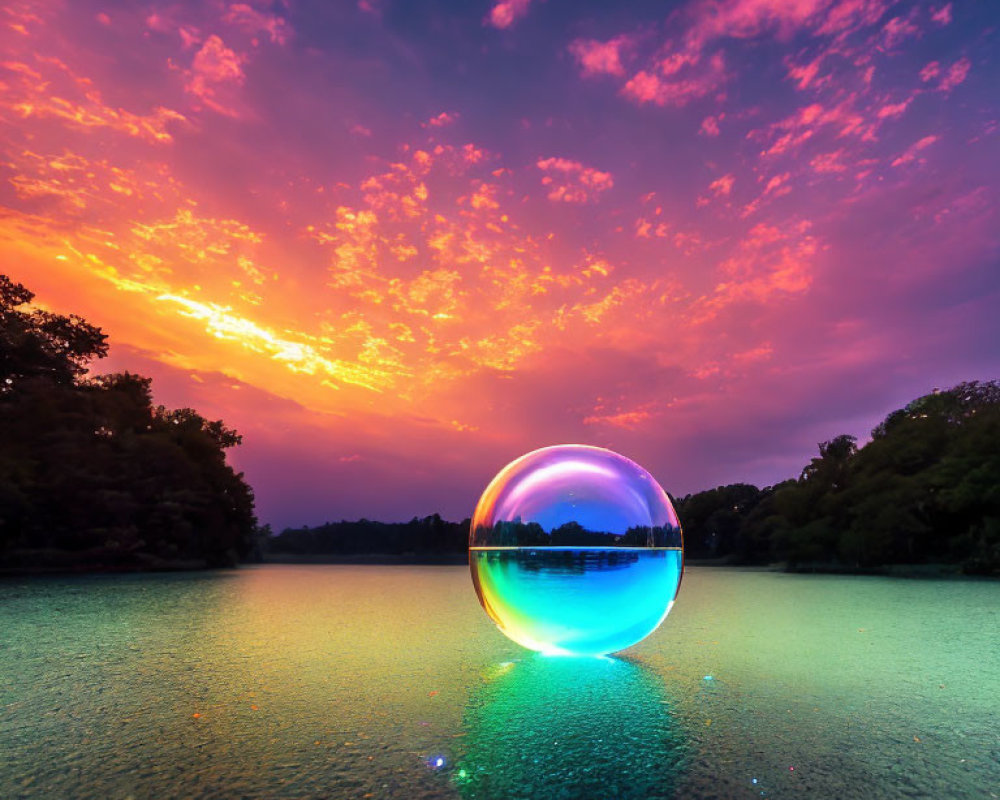 Colorful sunset reflected in crystal ball on serene lake with silhouetted trees